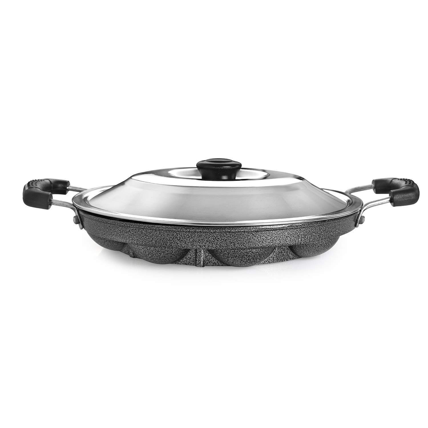 Non-Stick 12 Cavity Appam Patra 2 Side Handle with Stainless Steel Lid Black