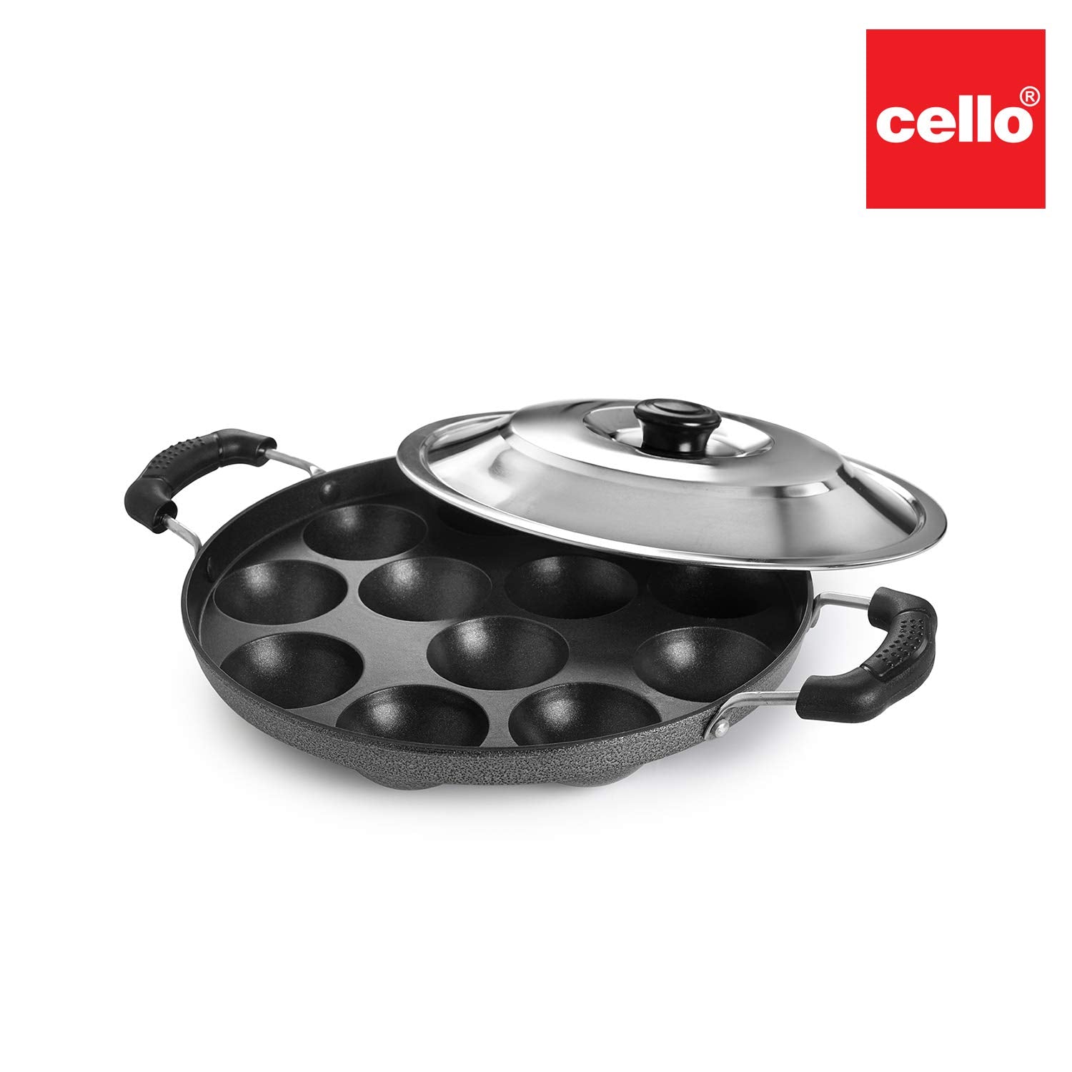 Non-Stick 12 Cavity Appam Patra 2 Side Handle with Stainless Steel Lid Black