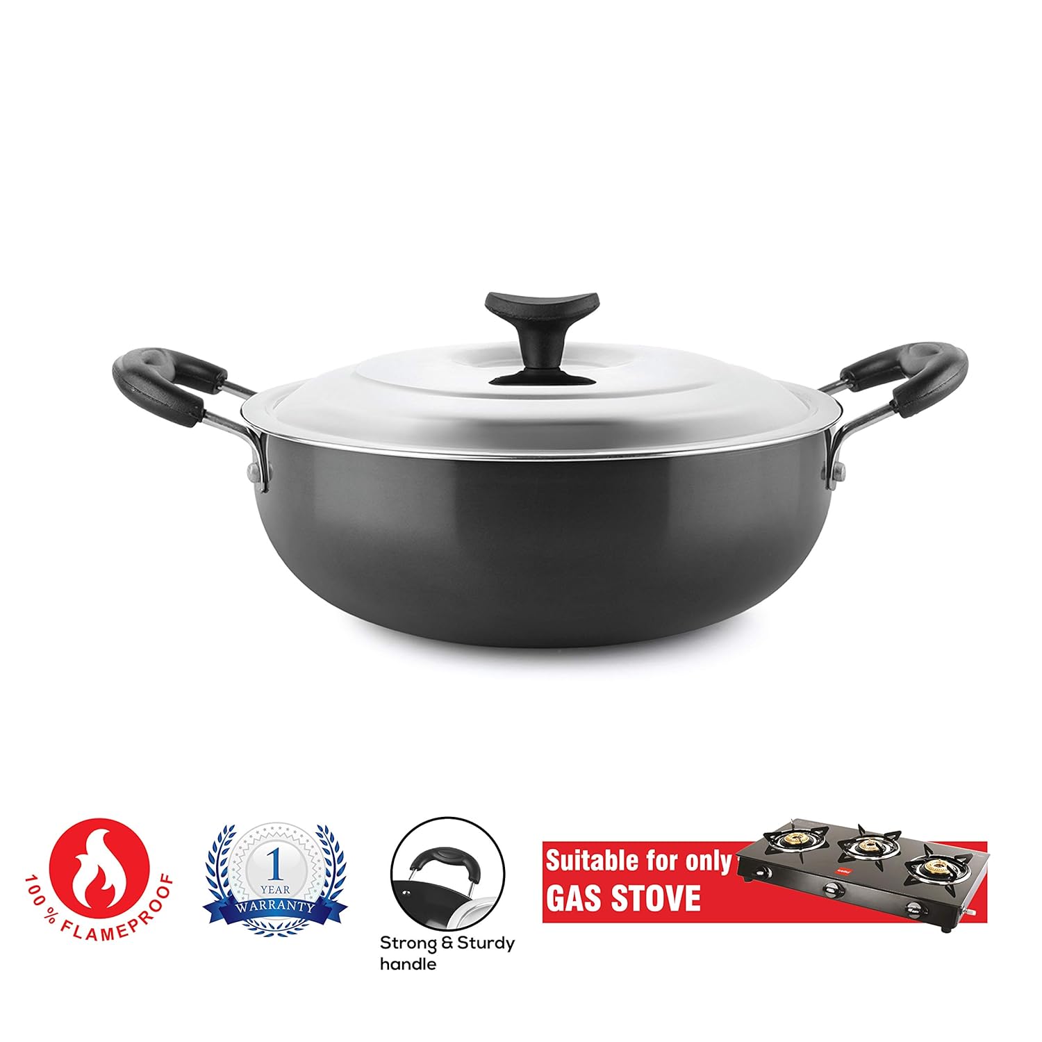 Classy Hard Anodised Kadhai with Lid, 2.5 Litres, Gas Stove Compatible / 2.5 Litres