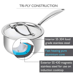 Tri-Ply Induction Base Stainless Steel Sauce Pan with Lid Silver / 1.6 Liters