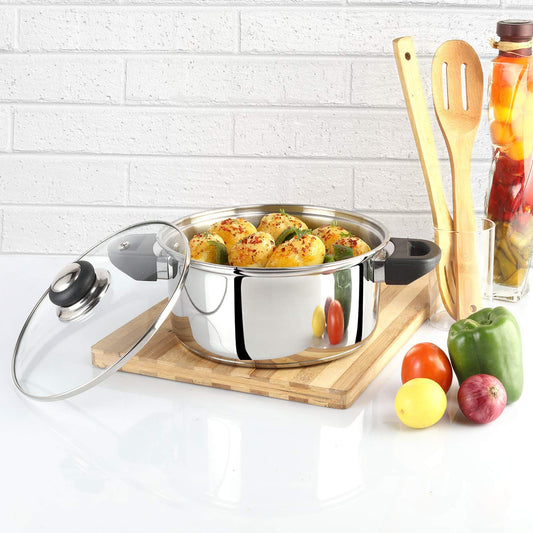 Silver|Steelox Induction Base Stainless Steel Casserole with Lid / 3 Litres