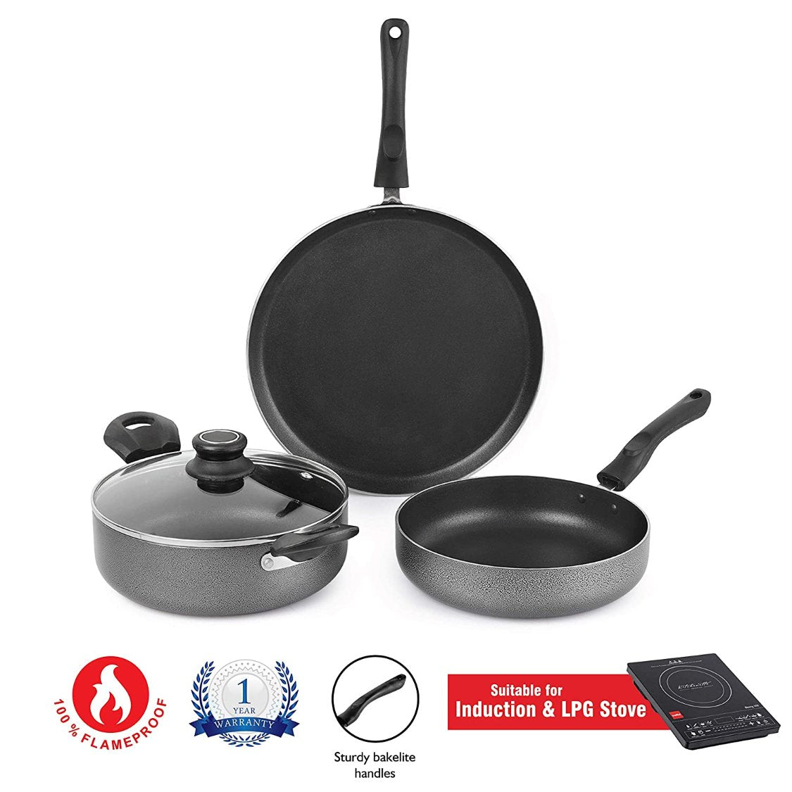 Non-Stick Prima Induction Base Cookware Set, 3 Pieces Grey
