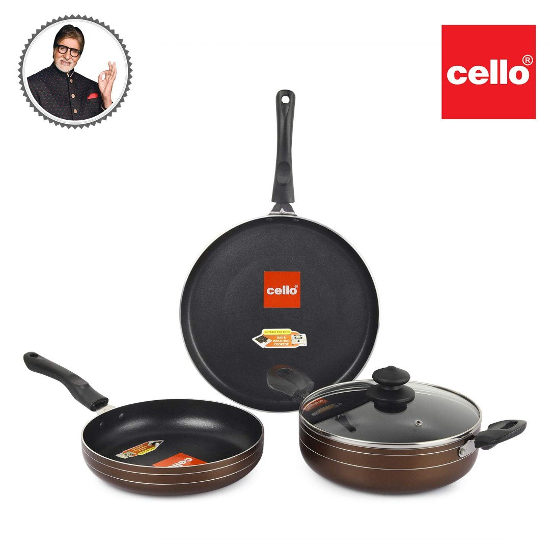 Non-Stick Prima Induction Base Cookware Set, 3 Pieces Brown
