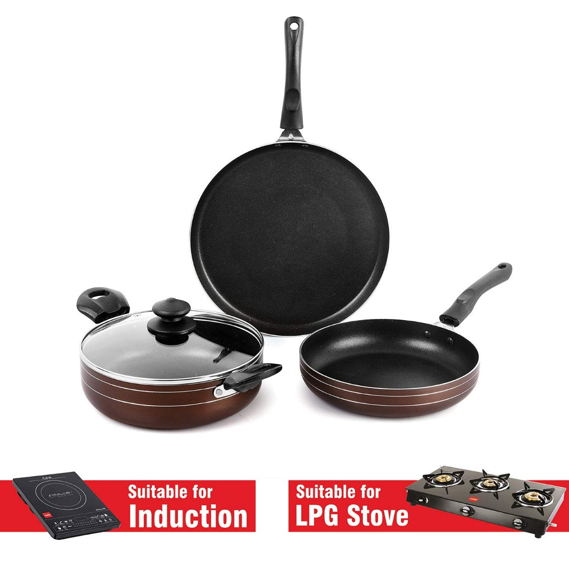 Non-Stick Prima Induction Base Cookware Set, 3 Pieces Brown