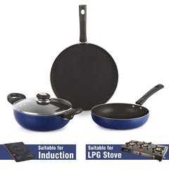 Non-Stick Prima Induction Base Cookware Set, 3 Pieces Blue
