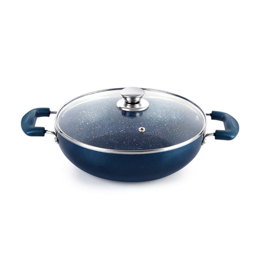 Blue|Oxford Non-Stick Induction Base Kadhai with Glass Lid, 3 Litres / 3 Litres