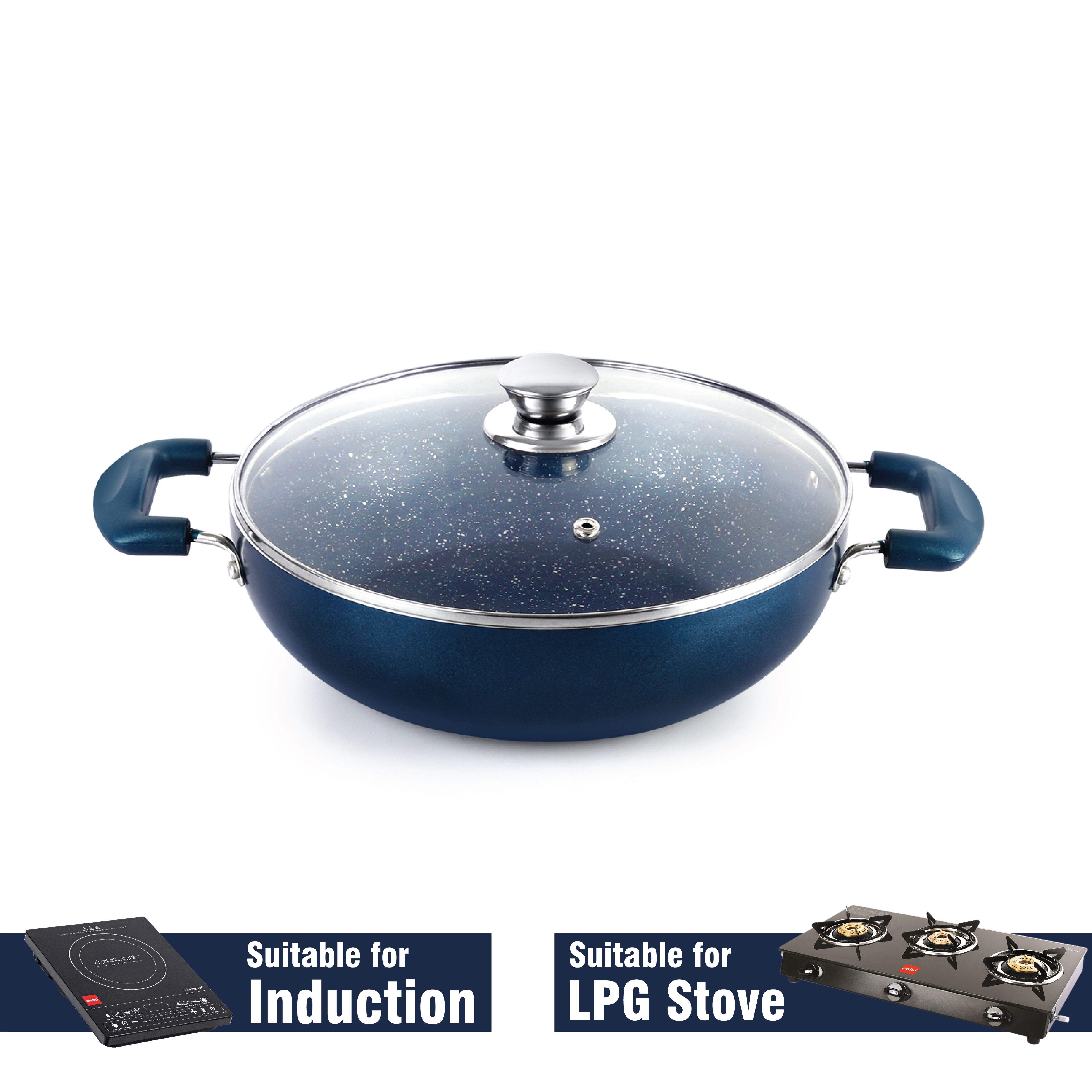 Oxford Non-Stick Induction Base Kadhai with Glass Lid, 3 Litres Blue / 3 Litres