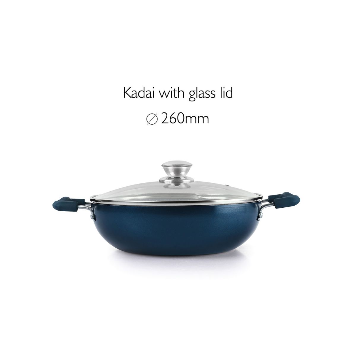 Oxford Non-Stick Induction Base Kadhai with Glass Lid, 3 Litres Blue / 3 Litres