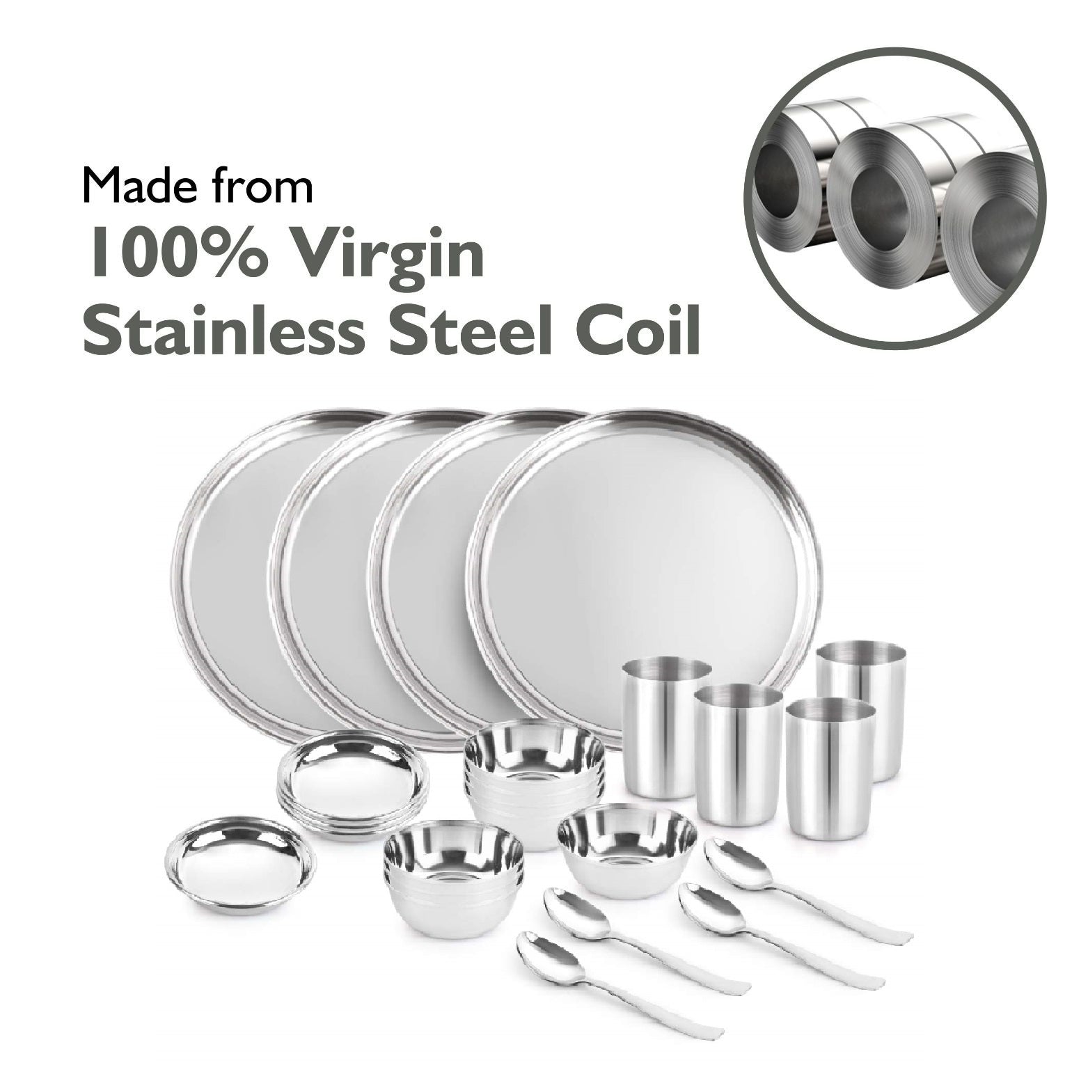 A durable 24-piece stainless steel dinner set for a family of 4