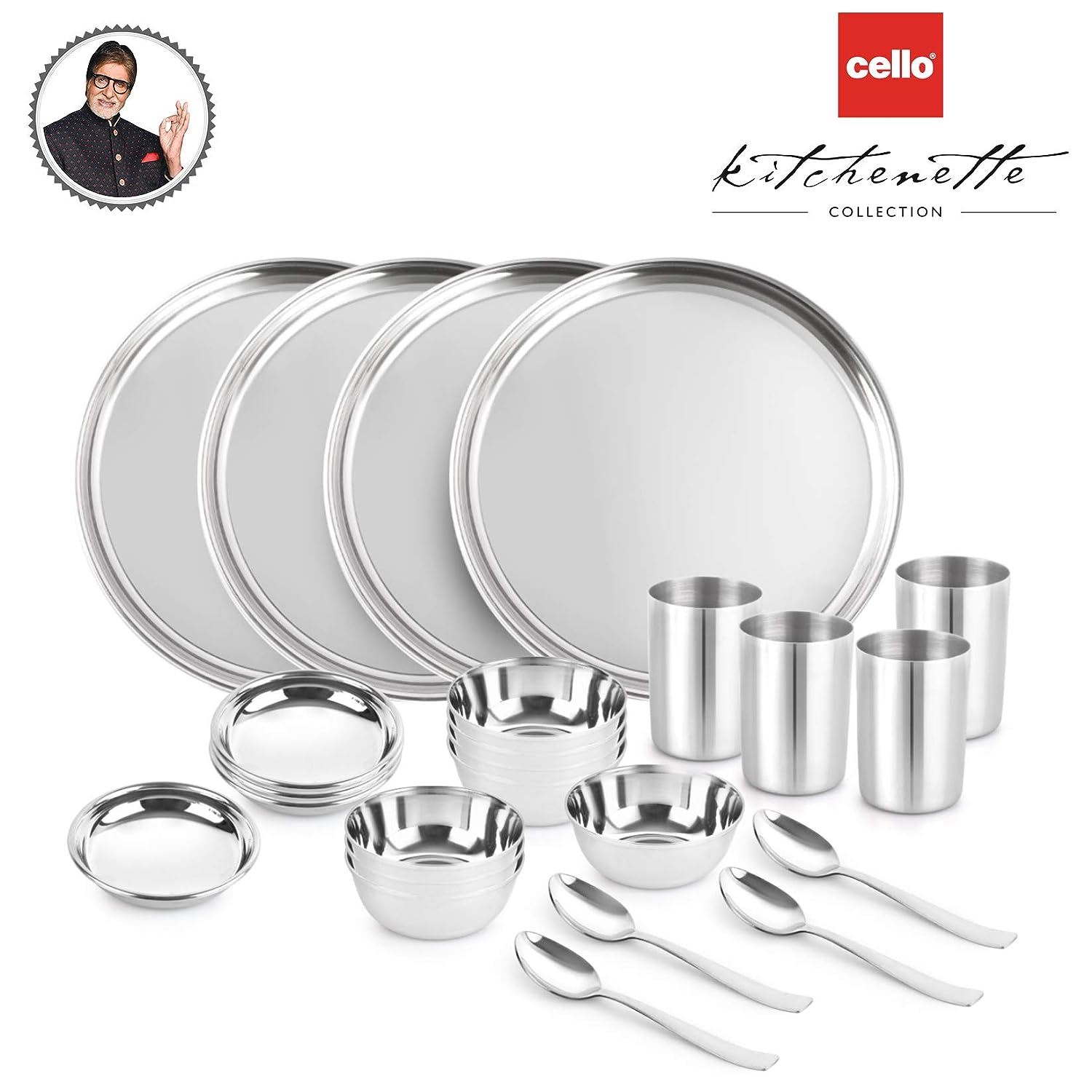 A durable 24-piece stainless steel dinner set for a family of 4