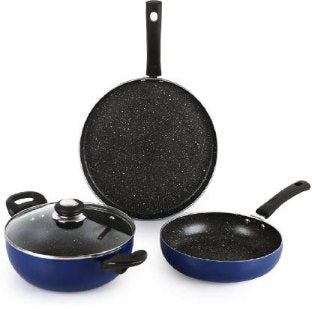 Regal Induction Base Non-Stick Cookware Set with Spatter, 3 Pieces Blue