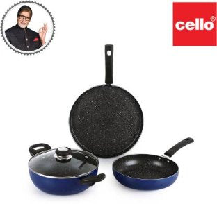 Regal Induction Base Non-Stick Cookware Set with Spatter, 3 Pieces Blue