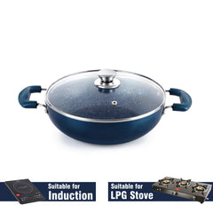 Oxford Non-Stick Induction Base Kadhai with Glass Lid, 3 Litres Blue / 2.5 Litres
