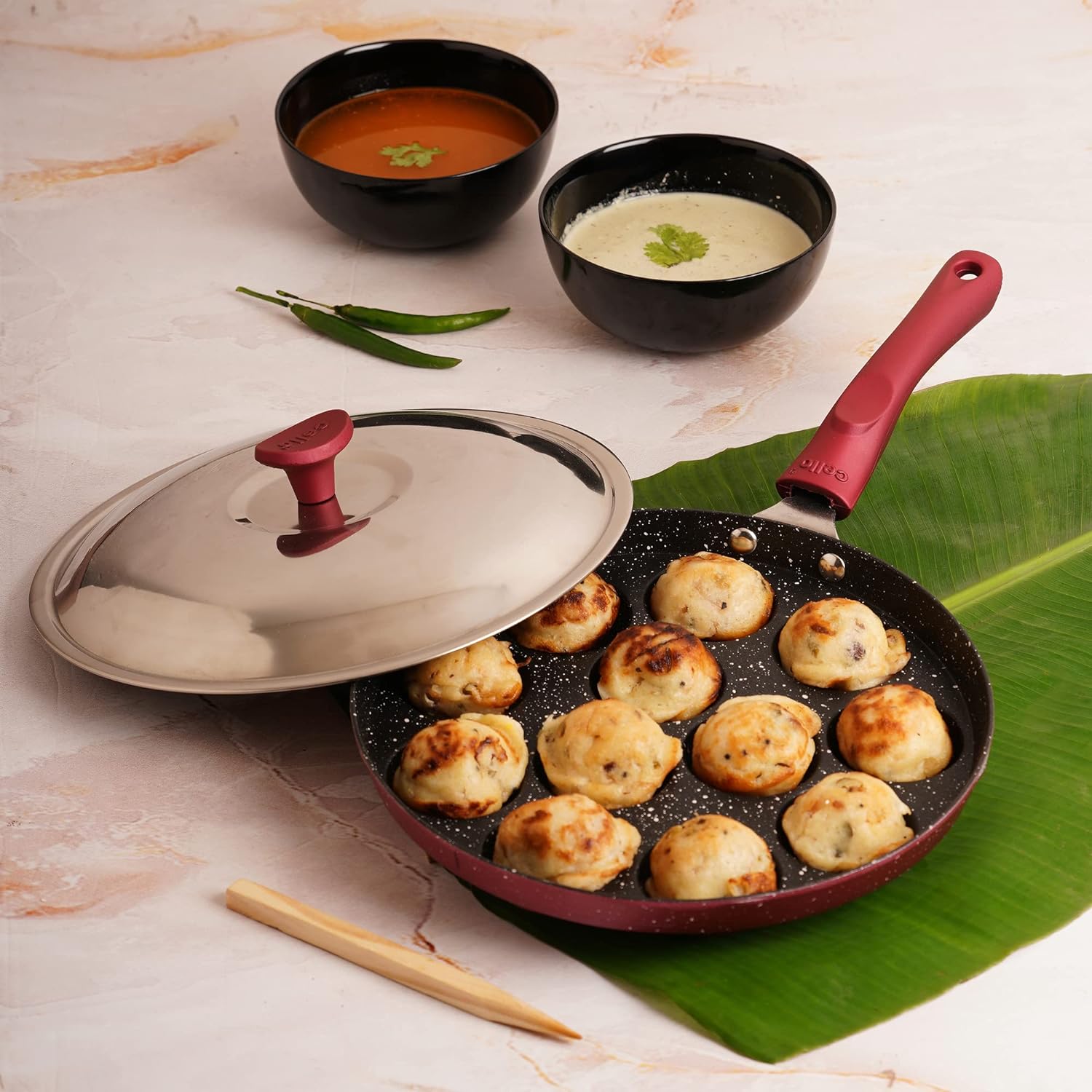 Non-Stick Crown 12 Cavity Appam Patra, Maroon / Single Handle