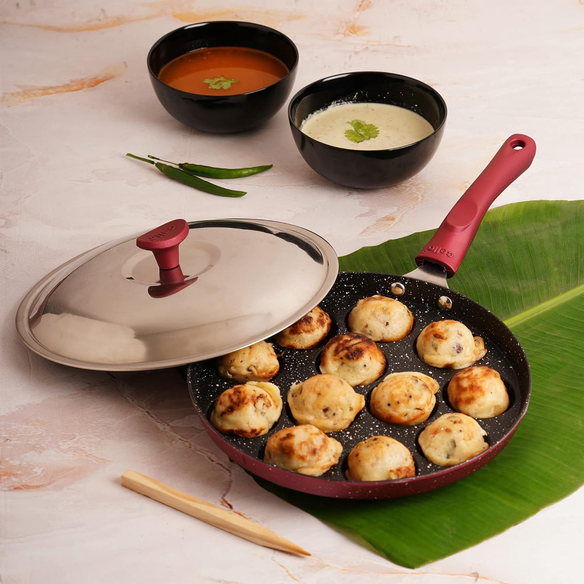 Maroon|Non-Stick Crown 12 Cavity Appam Patra, Maroon / Single Handle