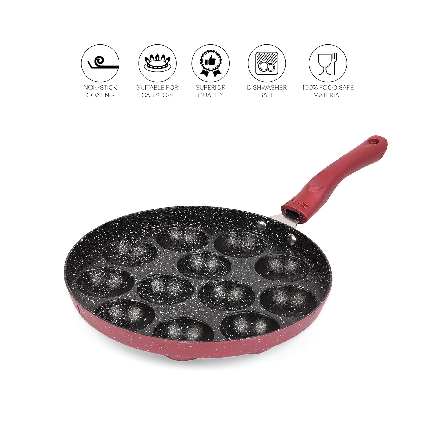 Non-Stick Crown 12 Cavity Appam Patra, Maroon / Single Handle