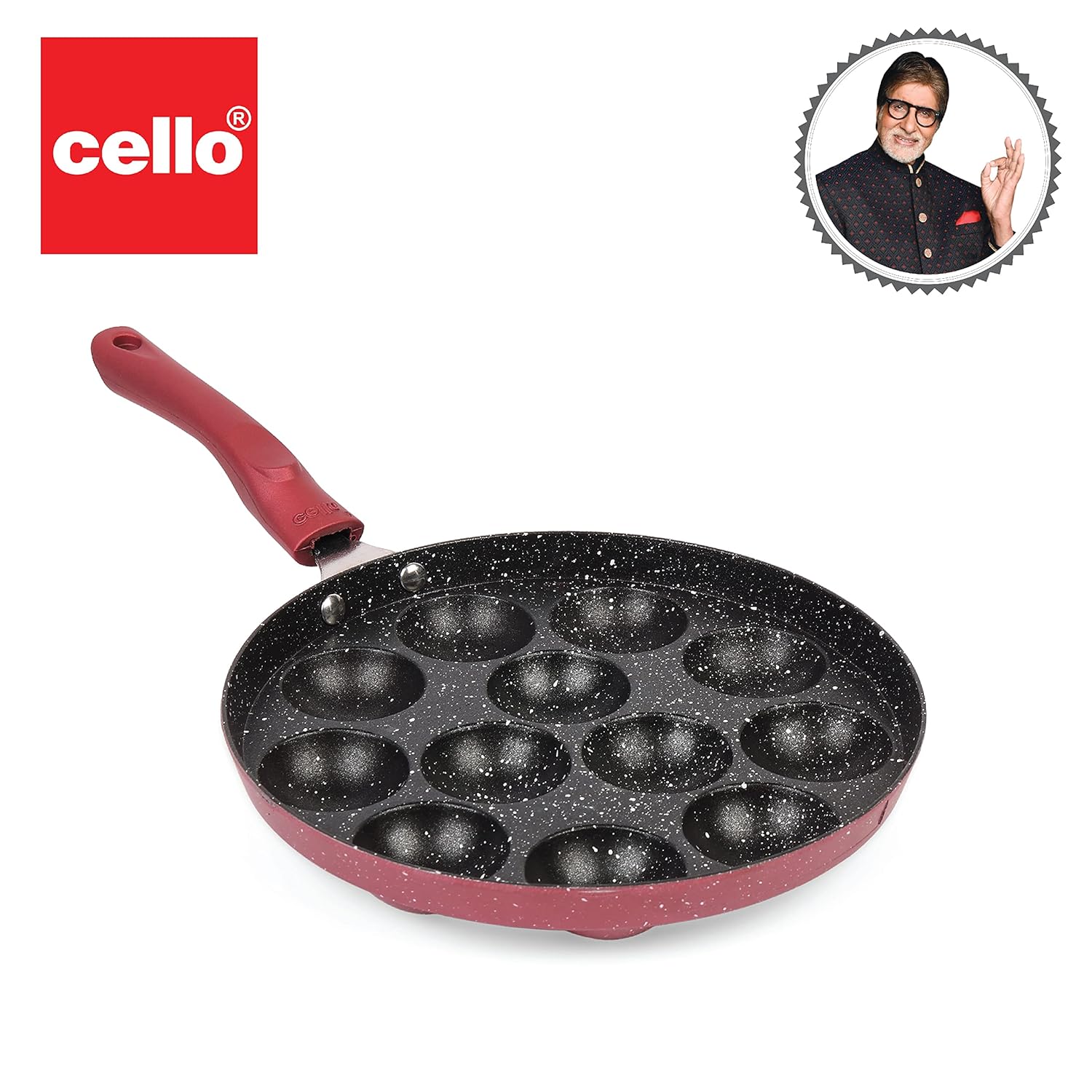 Non-Stick Crown 12 Cavity Appam Patra, Maroon / Single Handle