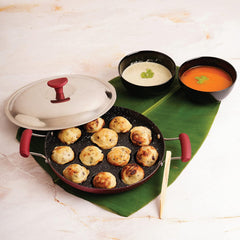 Non-Stick Crown 12 Cavity Appam Patra, Maroon / Side Handle