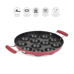 Non-Stick Crown 12 Cavity Appam Patra, Maroon / Side Handle