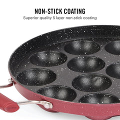 Non-Stick Crown 12 Cavity Appam Patra, Maroon / Side Handle