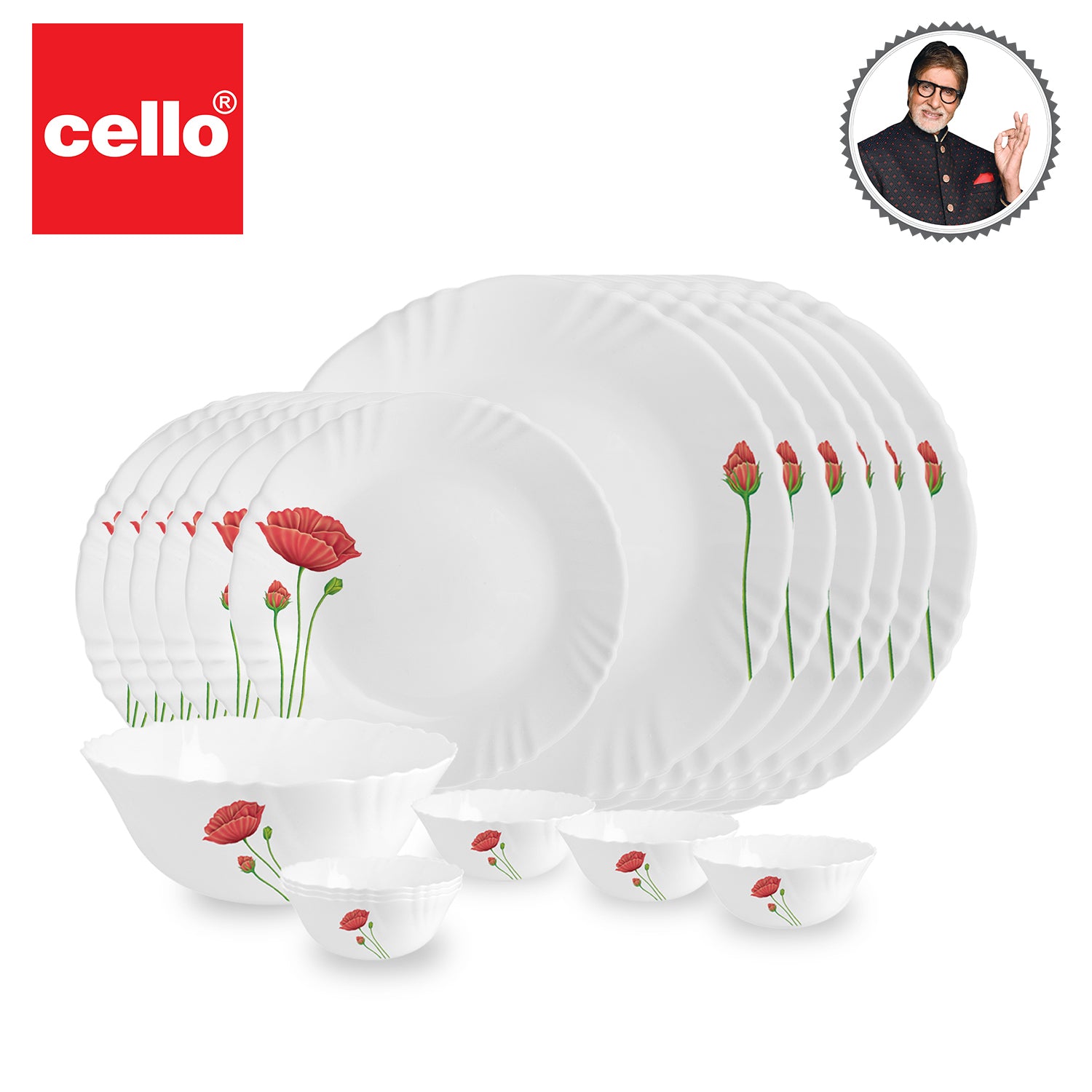 Imperial Series 19 Pieces Opalware Dinner Set for Family of 6 Red Poppy