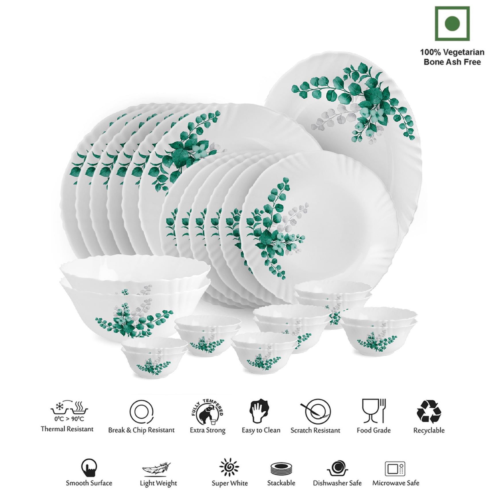 Imperial Series 27 Pieces Opalware Dinner Set for Family of 6 Aqua Leaves