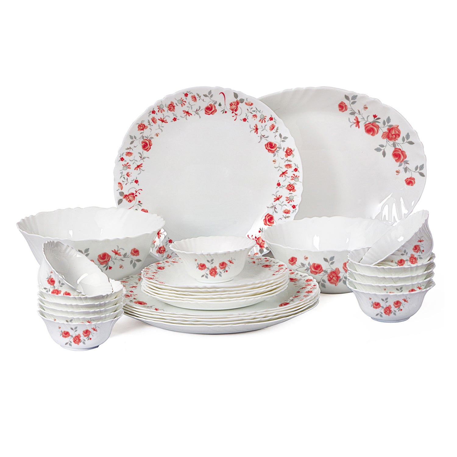 Imperial Series 27 Pieces Opalware Dinner Set for Family of 6 Red Rose Fantasy