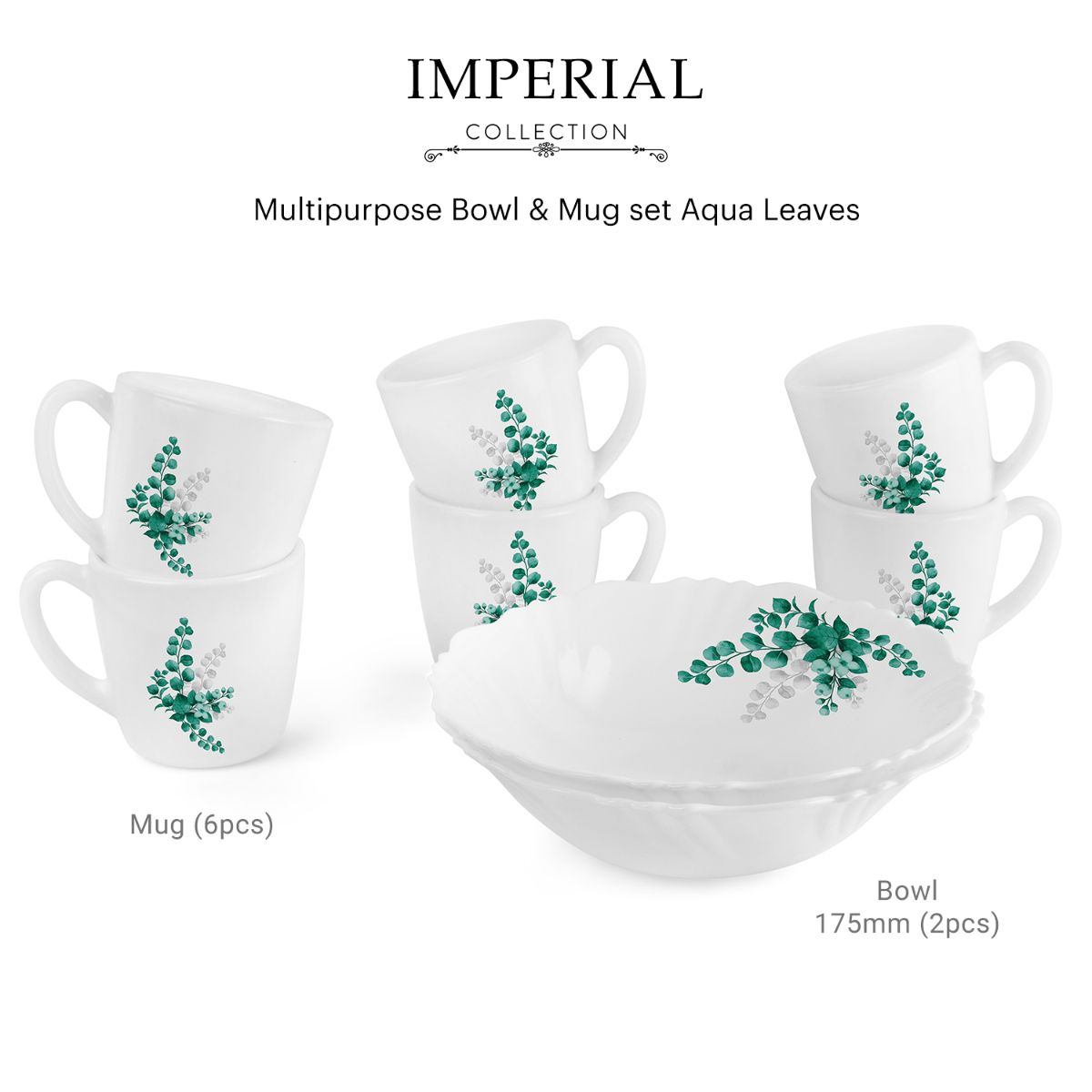 Imperial Series Quick Bite Bowl & Mug Gift set, 8 Pieces Aqua Leaves / 8 Pieces