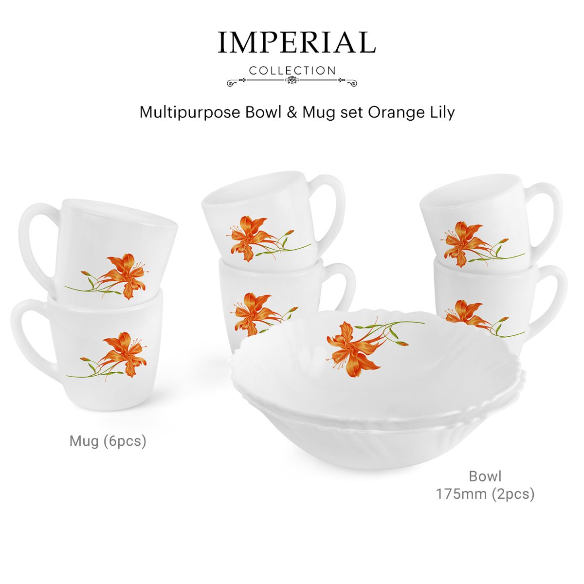 Imperial Series Quick Bite Bowl & Mug Gift set, 8 Pieces Orange Lily / 8 Pieces