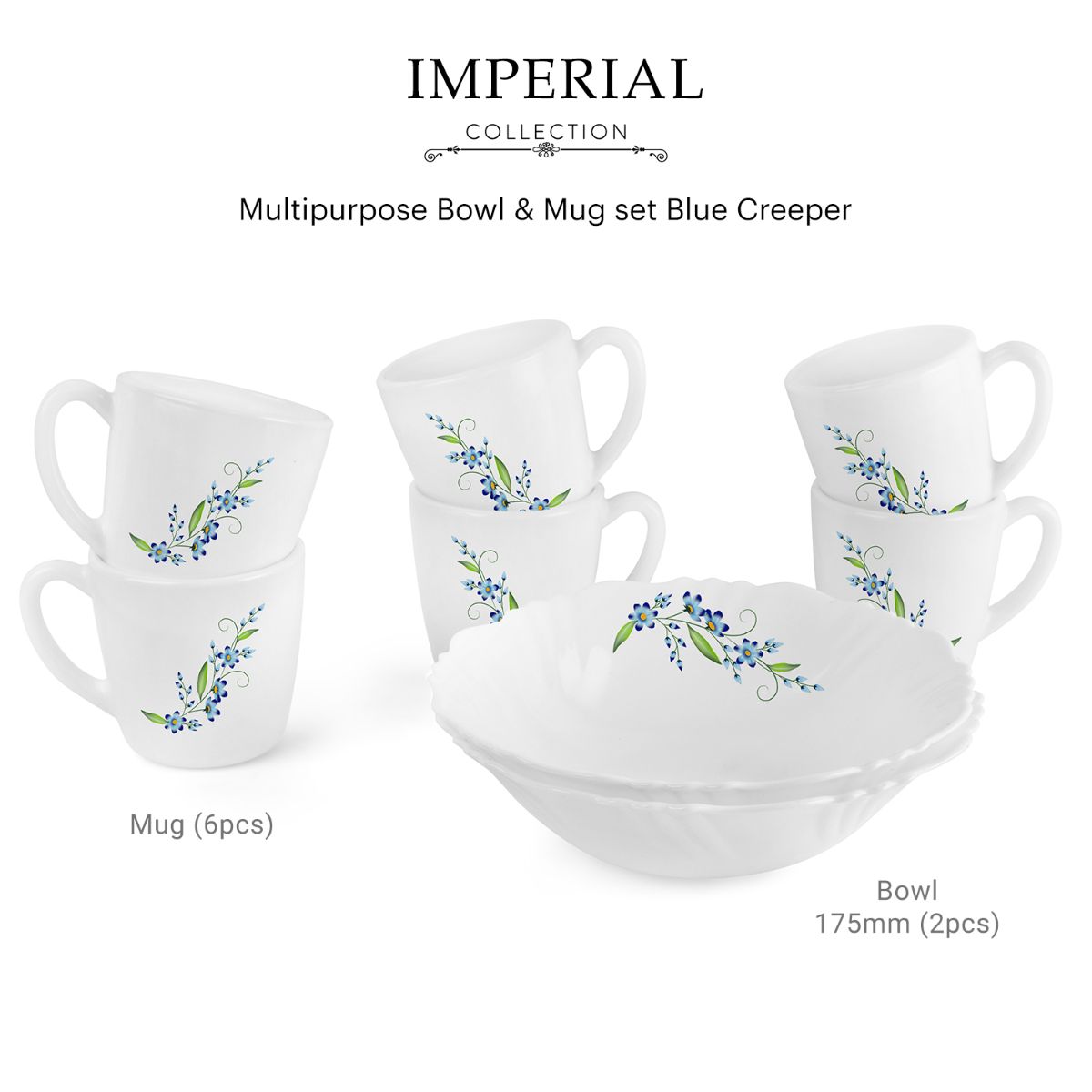Imperial Series Quick Bite Bowl & Mug Gift set, 8 Pieces Blue Creeper / 8 Pieces