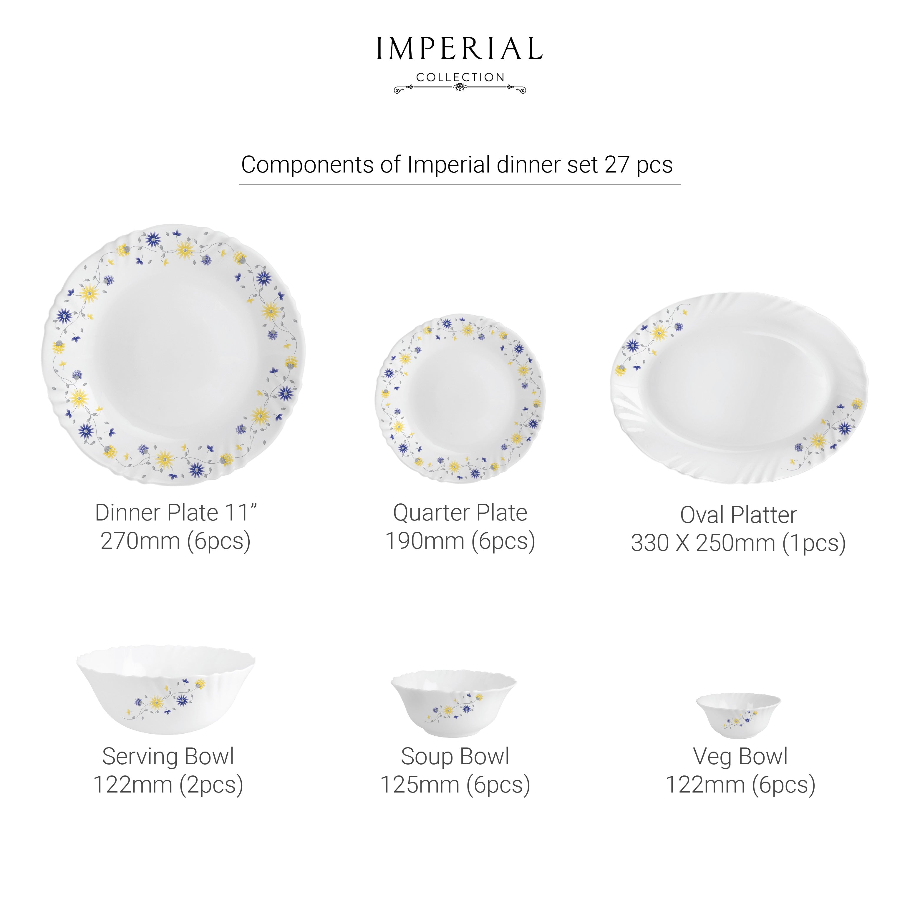 Imperial Series 27 Pieces Opalware Dinner Set for Family of 6 Blooming Daisy