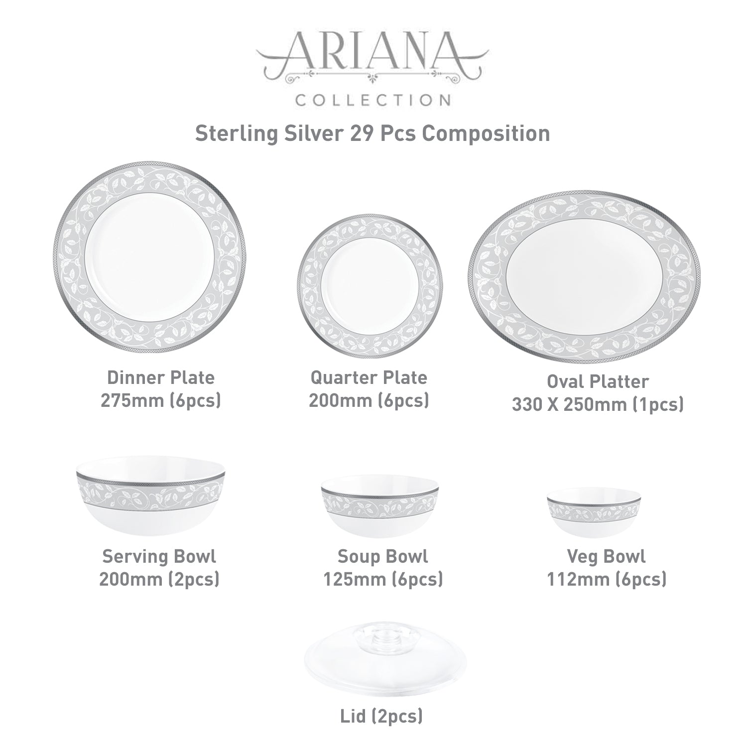 Ariana Series 27 Pieces Opalware Dinner Set for Family of 6 Strling Silver