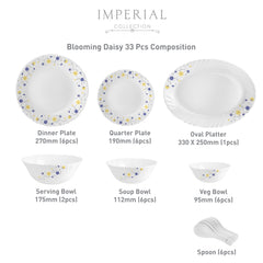 Imperial Series 33 Pieces Opalware Dinner Set for Family of 6 Blooming Daisy