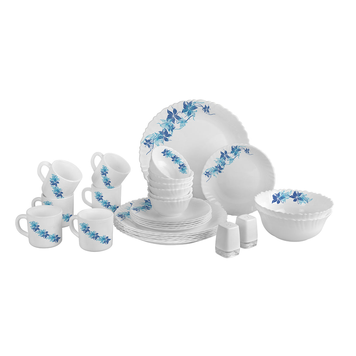 Dazzle Series 29 Pieces Opalware Dinner Set for Family of 6 Blue Swirl / With Stella Mug Medium