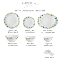 Imperial Series 33 Pieces Opalware Dinner Set for Family of 6 Amazon Creeper