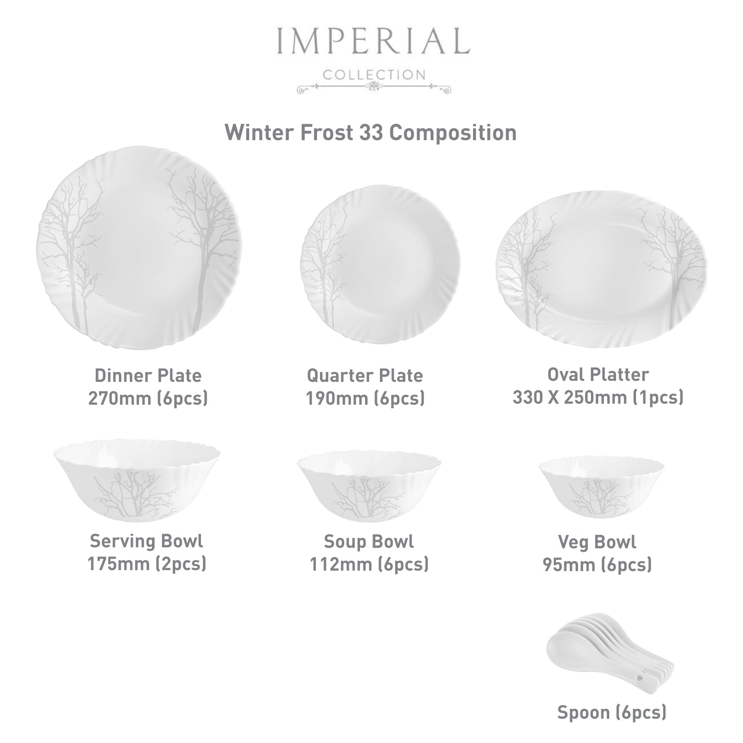 Imperial Series 33 Pieces Opalware Dinner Set for Family of 6 Winter Frost