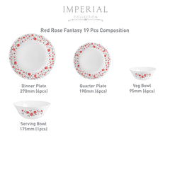Imperial Series 19 Pieces Opalware Dinner Set for Family of 6 Red Rose Fantasy