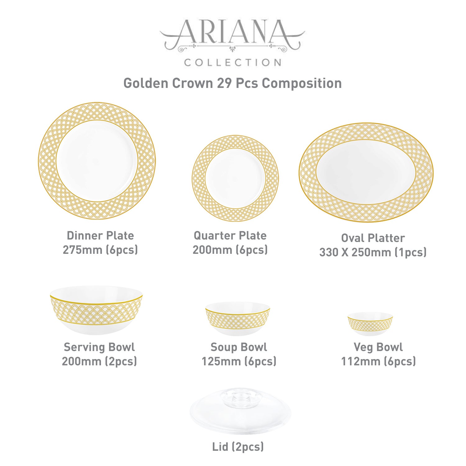 Ariana Series 27 Pieces Opalware Dinner Set for Family of 6 Golden Crown