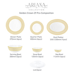 Ariana Series 27 Pieces Opalware Dinner Set for Family of 6 Golden Crown