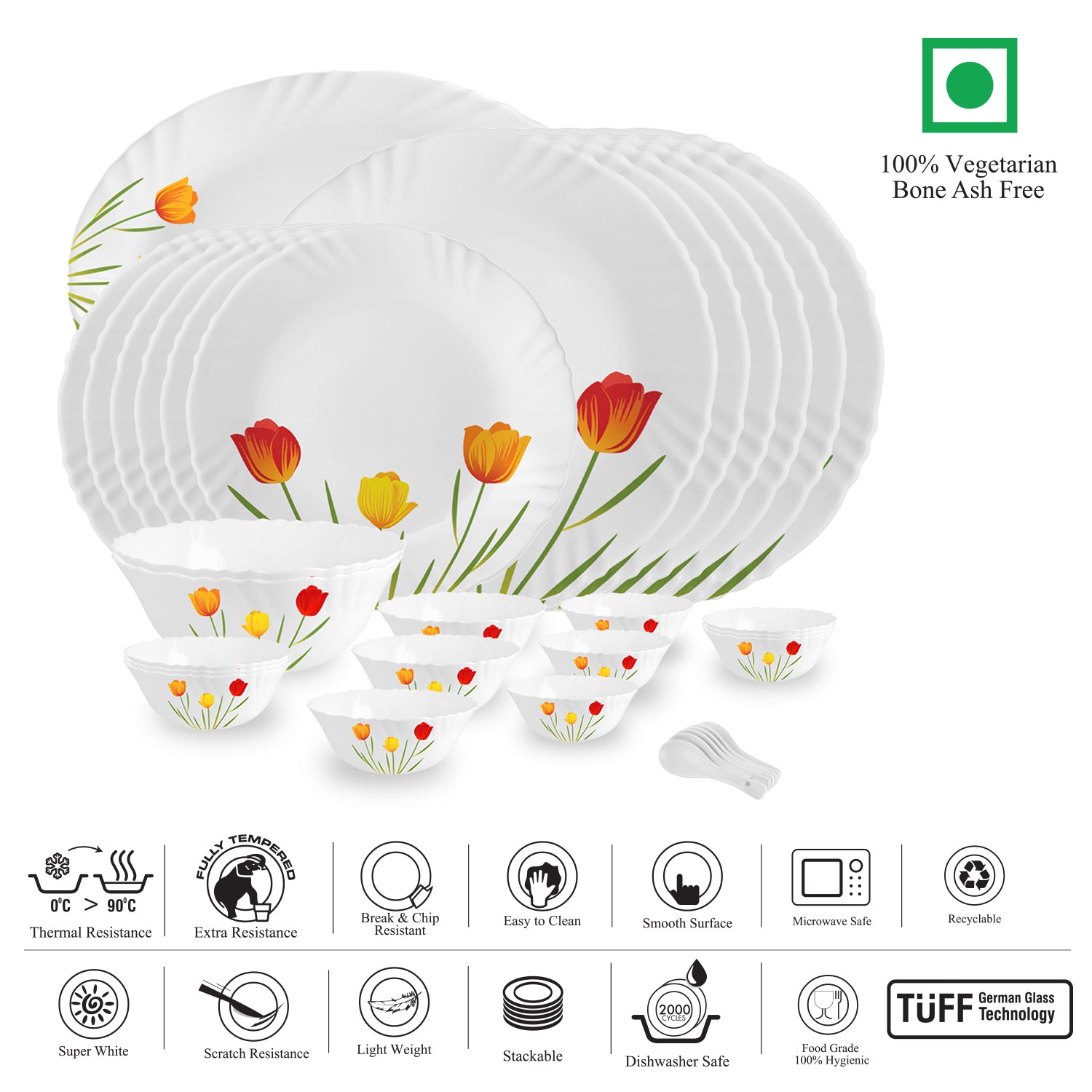 Imperial Series 33 Pieces Opalware Dinner Set for Family of 6 Tulip Garden