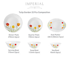 Imperial Series 33 Pieces Opalware Dinner Set for Family of 6 Tulip Garden