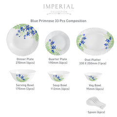 Imperial Series 33 Pieces Opalware Dinner Set for Family of 6 Blue Primrose