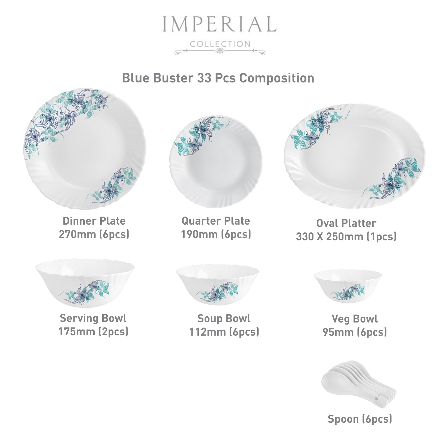 Imperial Series 33 Pieces Opalware Dinner Set for Family of 6 Blue Buster