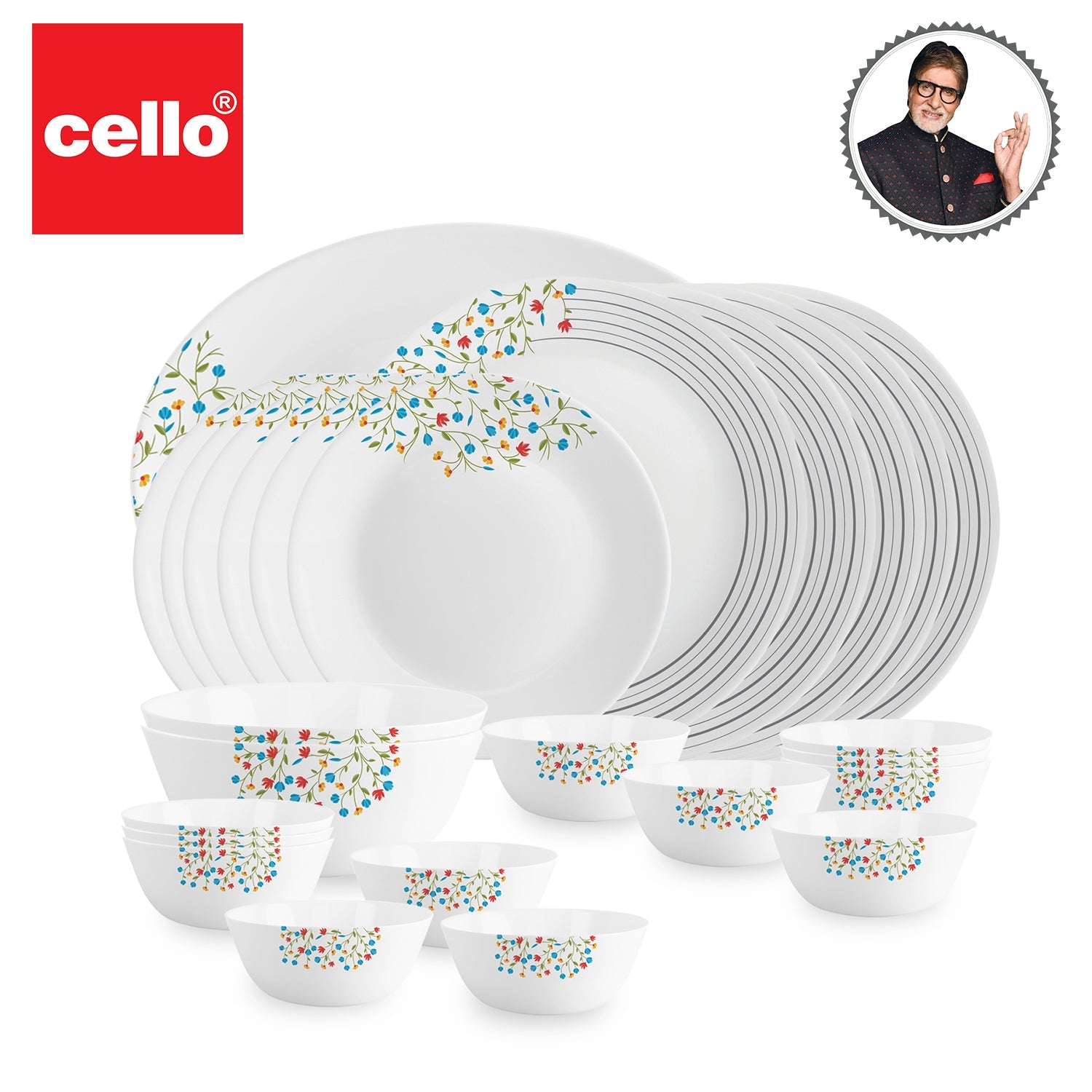 A 27-piece Opalware Dinner set: Plates, bowls, and serveware adorned with delicate floral designs for elegant dining
