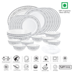 Ariana Series 27 Pieces Opalware Dinner Set for Family of 6 Greek Silver