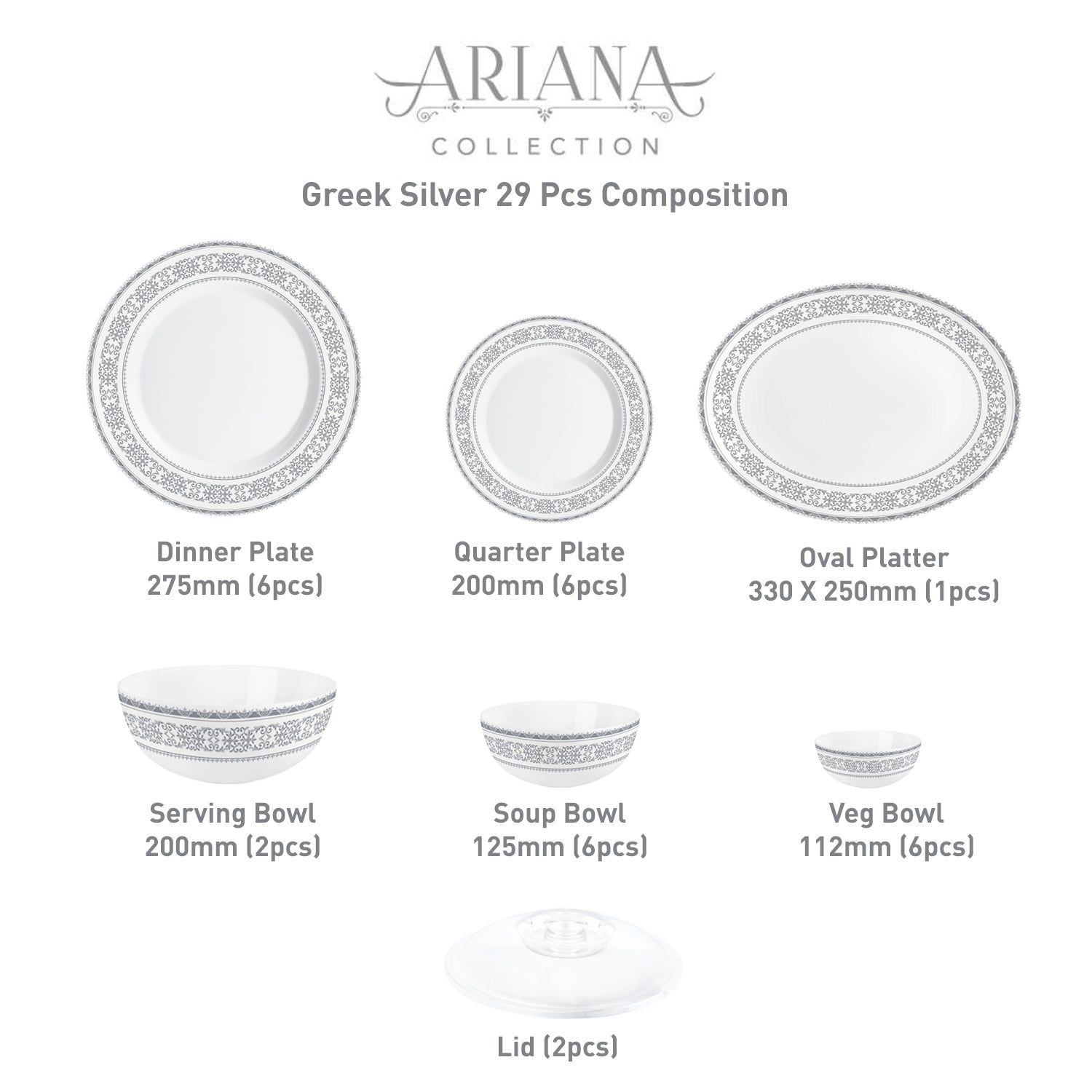 Ariana Series 27 Pieces Opalware Dinner Set for Family of 6 Greek Silver