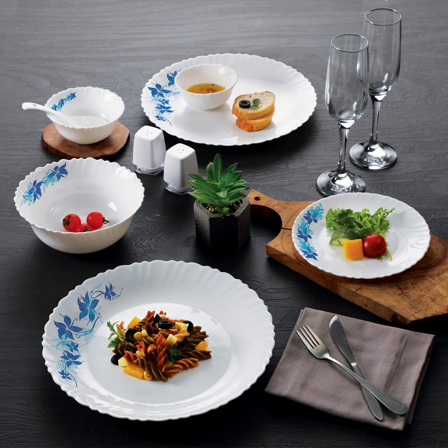 Dazzle Series 35 Pieces Opalware Dinner Set for Family of 6 Blue Swirl / With Multipurpose Bowl