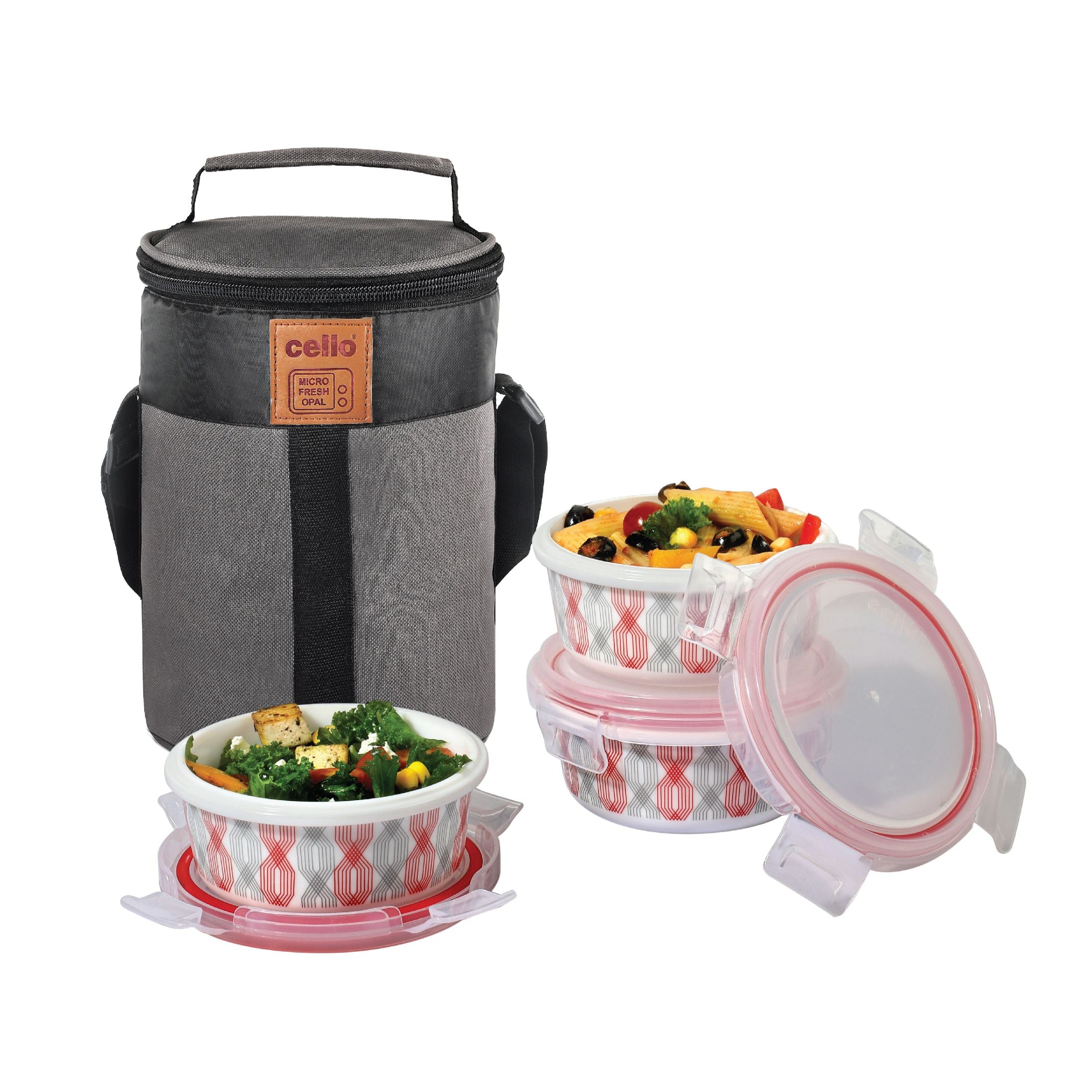 Red Trellis Opalware Lunch Box with Jacket White / 3 Piece