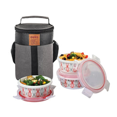 Red Trellis Opalware Lunch Box with Jacket White / 3 Piece