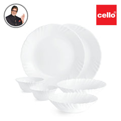 Pristine white 6-piece opalware dinner set with plates, bowls, serving bowl that is deal for 2-person family.